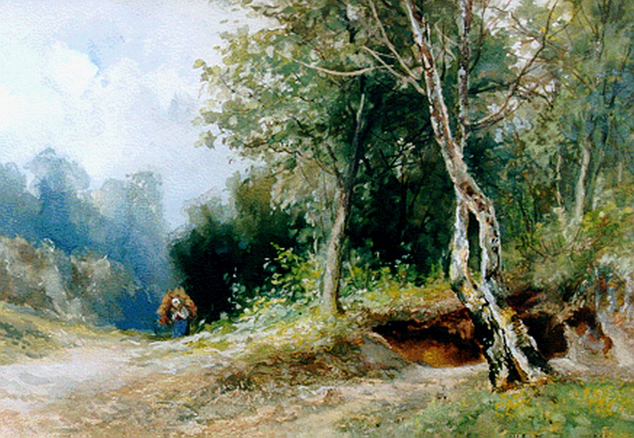 Schipperus P.A.  | Pieter Adrianus 'Piet' Schipperus, Forest view with wood gatherers, Aquarell auf Papier 24,5 x 35,0 cm, signed l.r. und dated 1918
