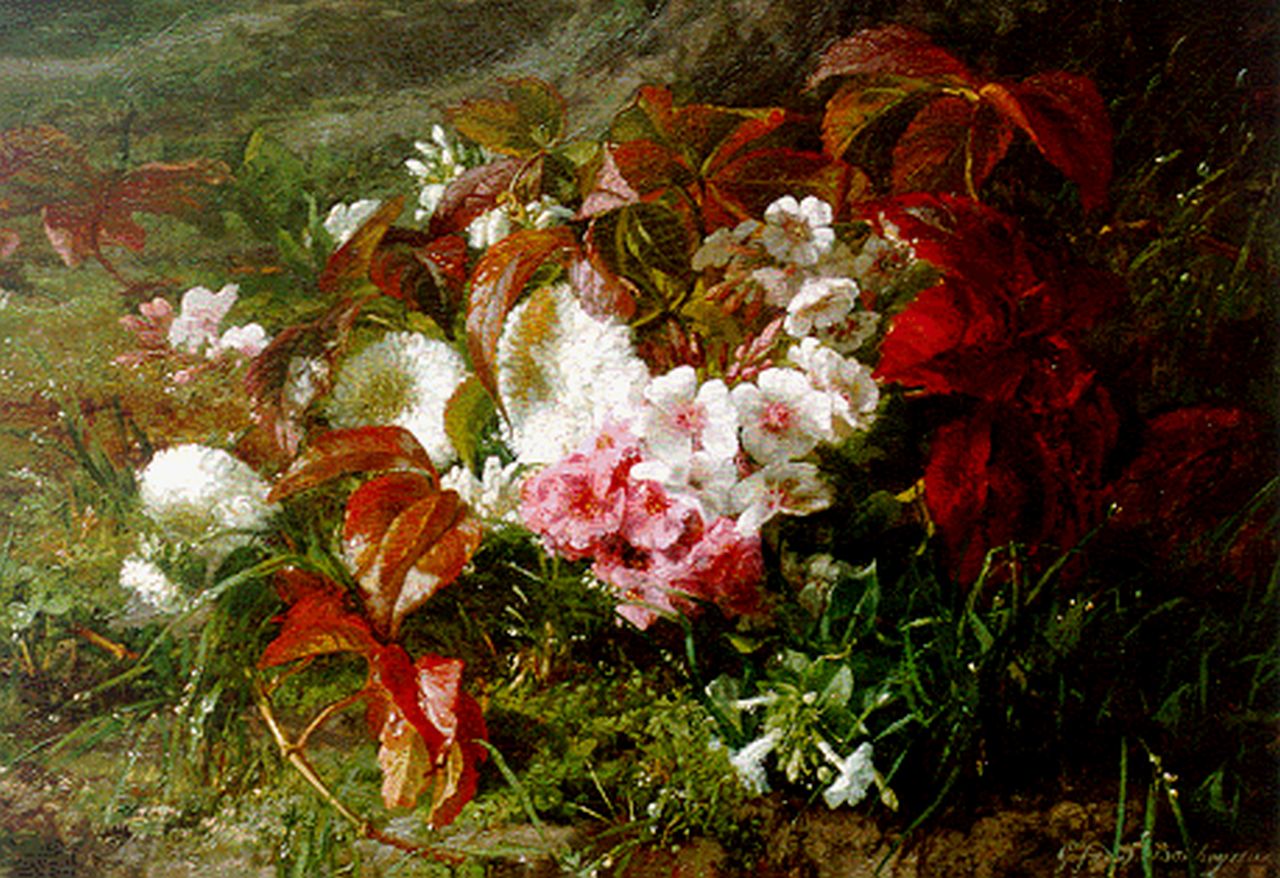 Sande Bakhuyzen G.J. van de | 'Gerardine' Jacoba van de Sande Bakhuyzen, Flowers on a forest-path, Öl auf Leinwand 34,4 x 47,2 cm, signed l.r.