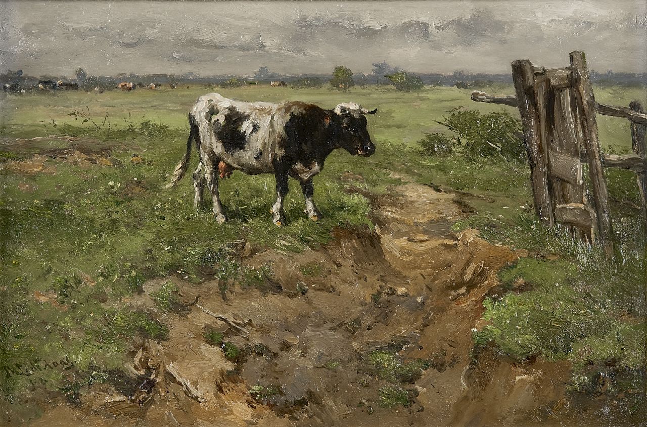 Haas J.H.L. de | Johannes Hubertus Leonardus de Haas, Cows near a fence, Öl auf Holz 31,2 x 47,1 cm, signed l.l.