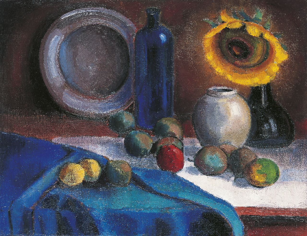 Schuhmacher W.G.C.  | Wijtze Gerrit Carel 'Wim' Schuhmacher, Still life with sunflowers and fruit, Öl auf Leinwand 51,5 x 66,3 cm, signed l.r. und dated 1916