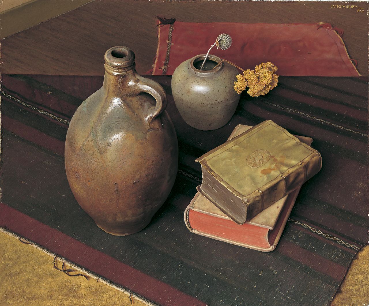 Tongeren J. van | Jan van Tongeren, A still life with books, a jug and a vase, Öl auf Leinwand 50,4 x 60,0 cm, signed u.r. und dated 1942