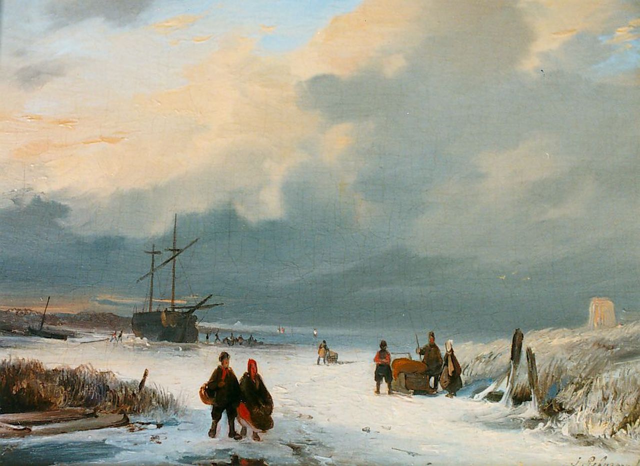 Pelgrom J.  | Jacobus Pelgrom, Figures on the ice, Öl auf Holz 14,6 x 19,5 cm, signed l.r.