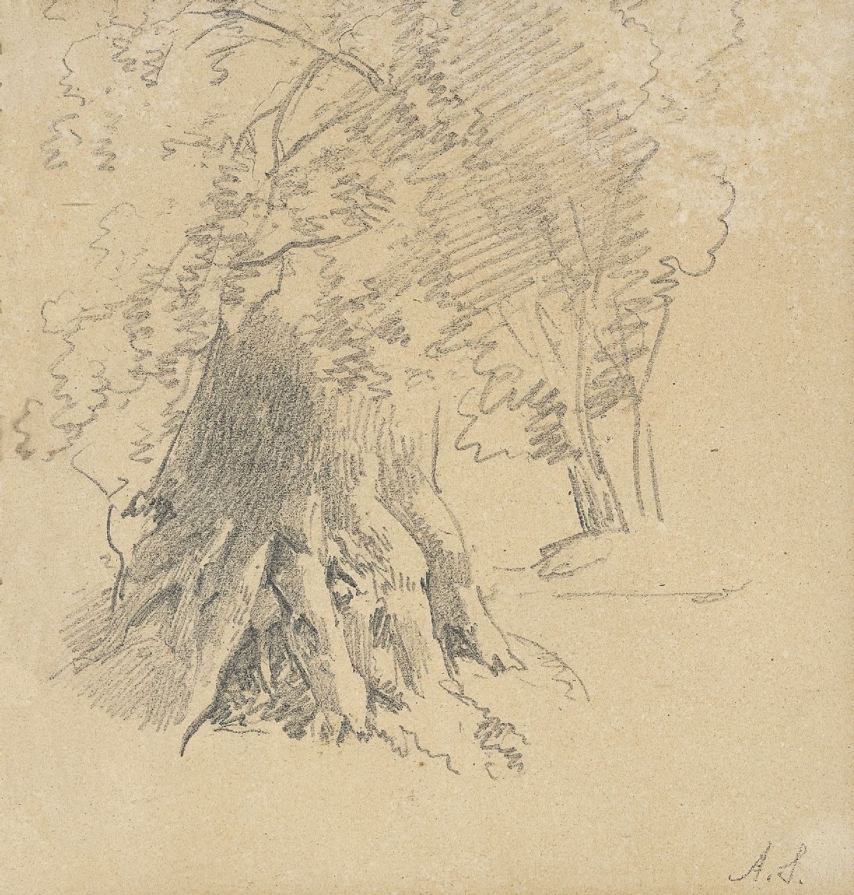 Schelfhout A.  | Andreas Schelfhout, A study of a tree, Bleistift auf Papier 17,9 x 17,4 cm, signed l.r. with initials