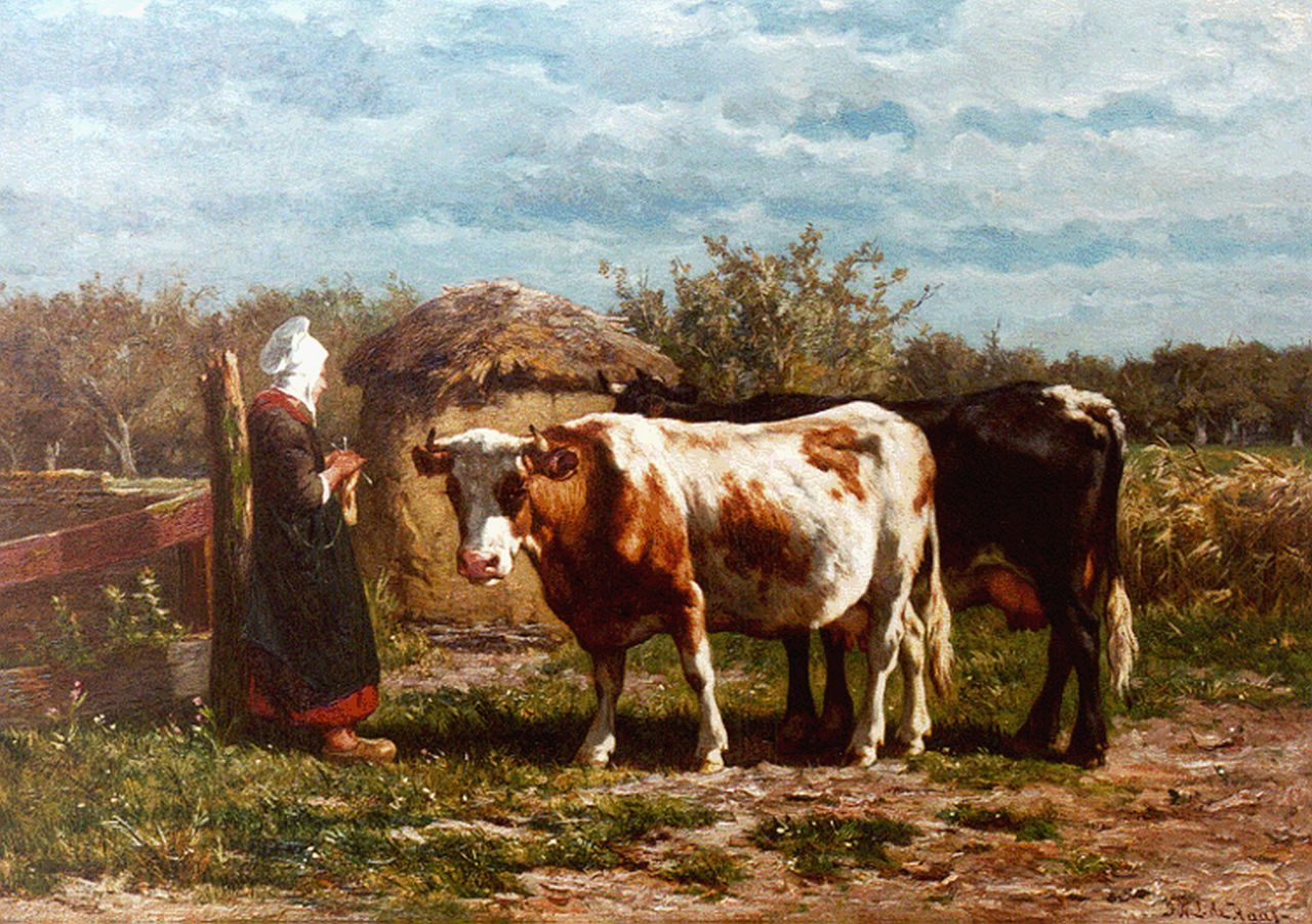 Haas J.H.L. de | Johannes Hubertus Leonardus de Haas, A Farmer's Wife in a Meadow, Öl auf Holz 44,7 x 63,0 cm, signed l.r.