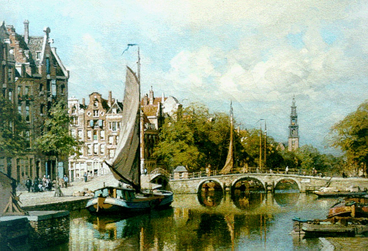 Klinkenberg J.C.K.  | Johannes Christiaan Karel Klinkenberg, Moored boats in a canal, Amsterdam, Öl auf Leinwand 39,0 x 53,2 cm, signed l.r.