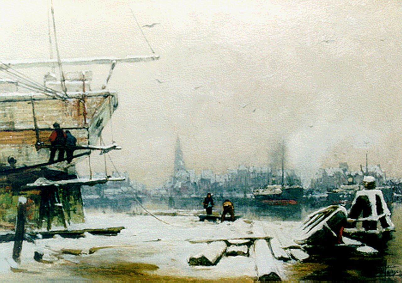 Jansen H.W.  | Hendrik Willebrord Jansen, The harbour of Amsterdam in winter, Öl auf Leinwand 41,6 x 57,4 cm, signed l.r.