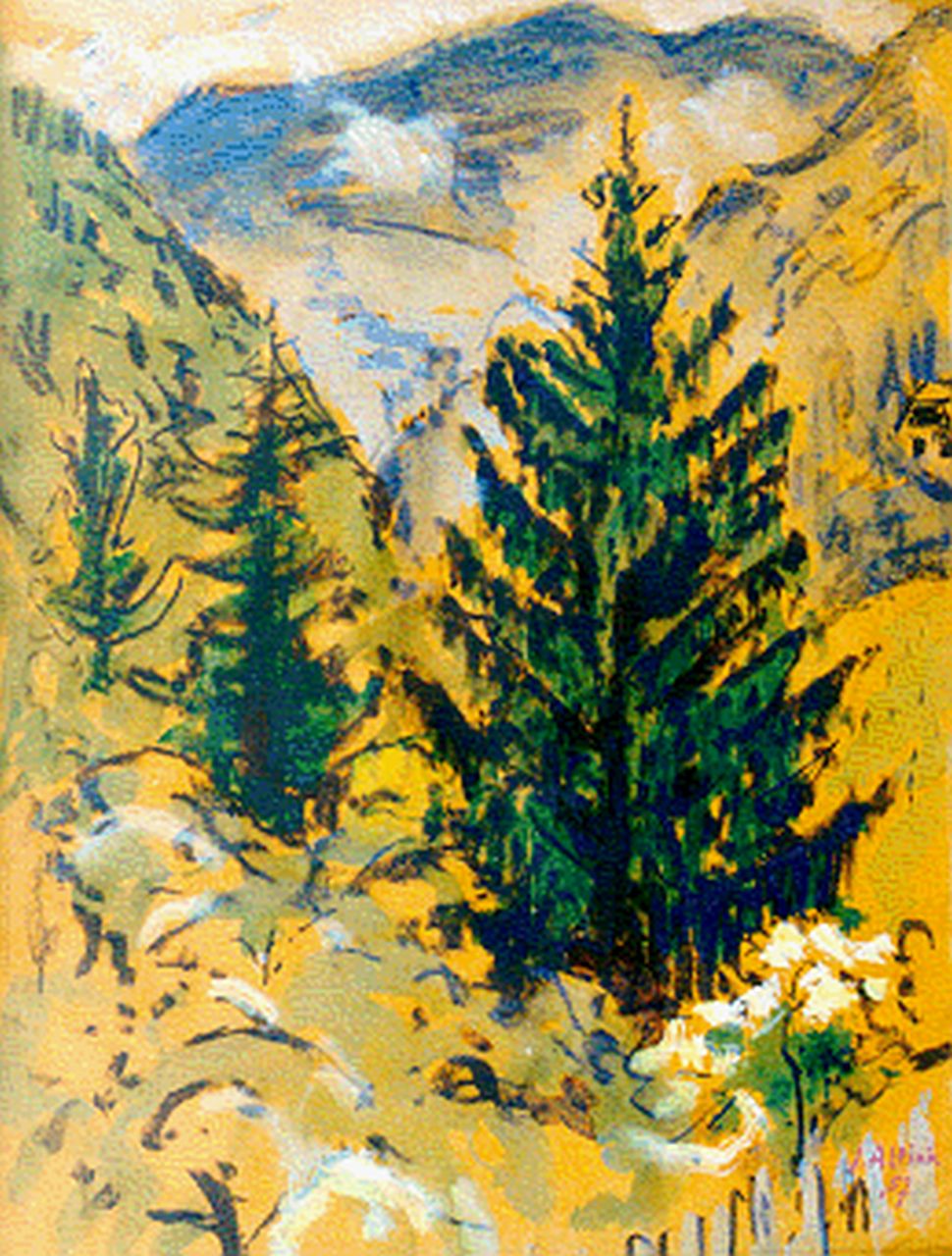 Altink J.  | Jan Altink, Mountain landscape, Gouache, Aquarell und Kreide auf Papier 64,0 x 49,9 cm, Unterzeichnet r.u. und datiert '57