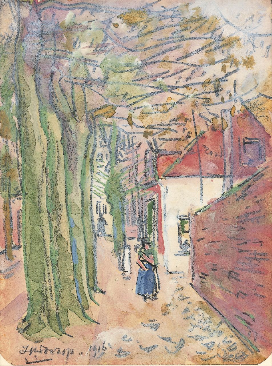 Toorop J.Th.  | Johannes Theodorus 'Jan' Toorop, The Noordstraat, Domburg, Schwarze Kreide und Aquarell auf Papier 15,8 x 11,3 cm, Unterzeichnet l.u. und datiert 1916