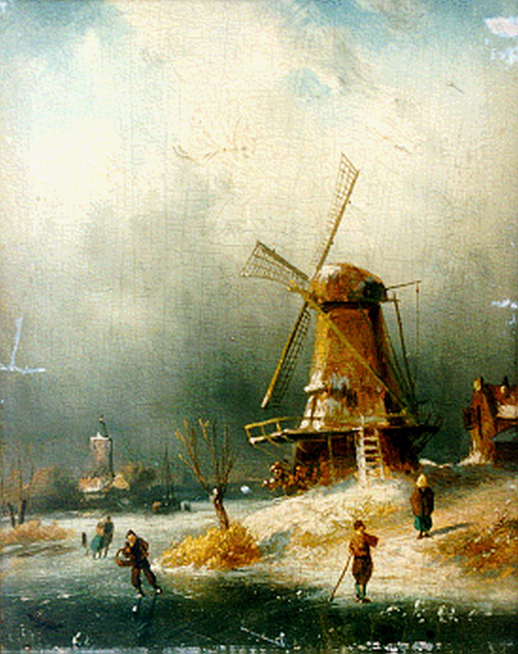 Leickert C.H.J.  | 'Charles' Henri Joseph Leickert, Skaters on the ice by a windmill, Öl auf Holz 21,2 x 15,7 cm, signed l.r.