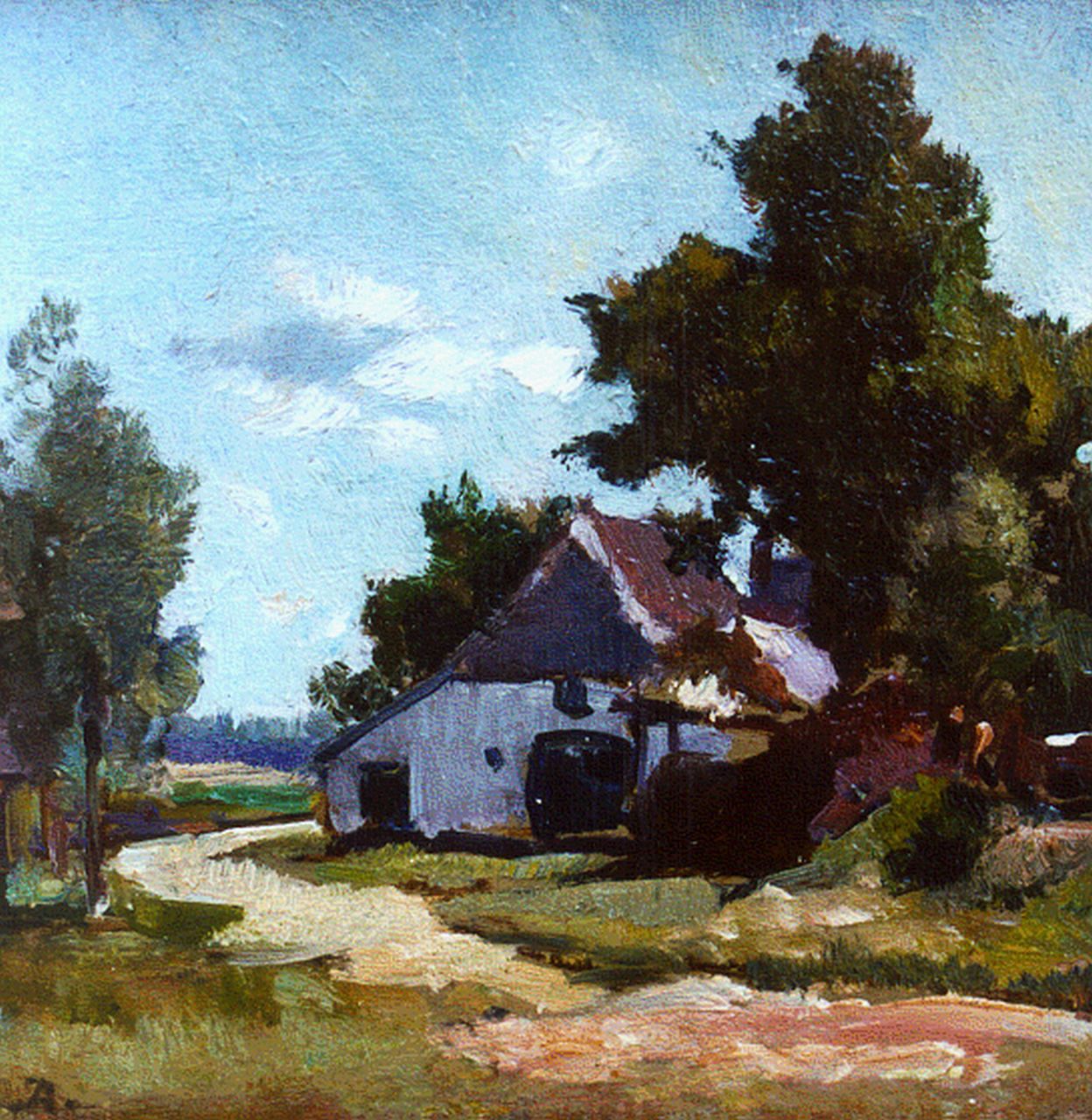 Akkeringa J.E.H.  | 'Johannes Evert' Hendrik Akkeringa, A farm in a summer landscape, Öl auf Holz 12,1 x 12,3 cm, signed l.l. with monogram
