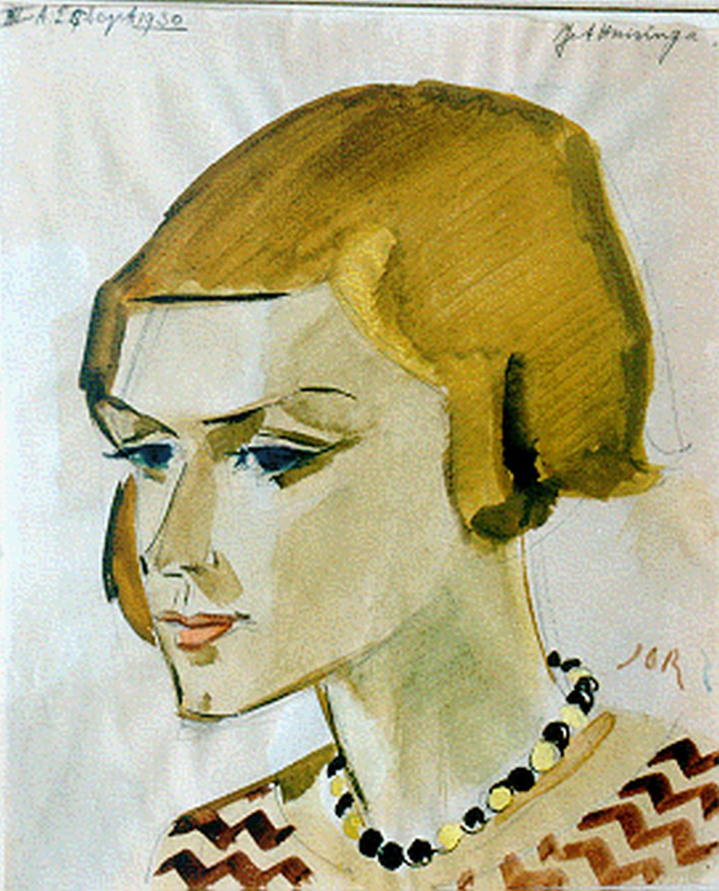 Jordens J.G.  | 'Jan' Gerrit Jordens, A portrait of Jet Huisinga, Kreide und Aquarell auf Papier 28,9 x 23,8 cm, signed l.r. with monogram und executed 25 Sept 1930