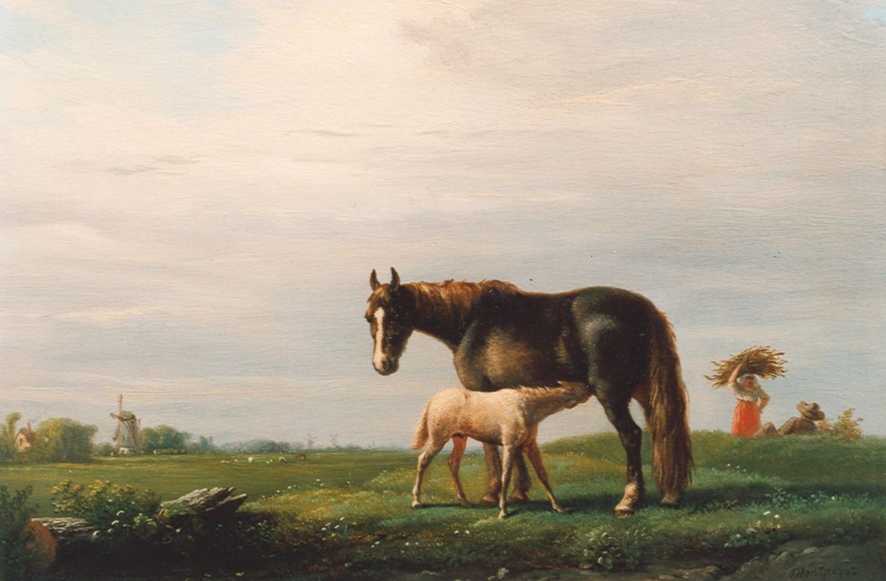 Montpezat H.A. Comte de | Henri Auguste d'Ainecy Comte de Montpezat, A mare and her foal, Öl auf Holz 18,7 x 25,8 cm, signed l.r.