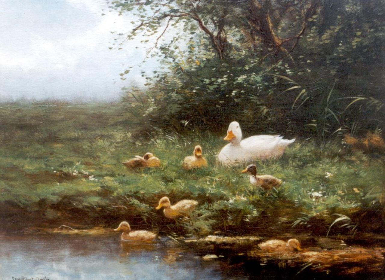 Artz C.D.L.  | 'Constant' David Ludovic Artz, Duck with ducklings on the riverbank, Öl auf Holz 24,2 x 32,5 cm, signed l.l.