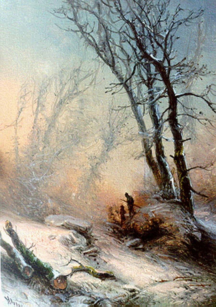 Kluyver P.L.F.  | 'Pieter' Lodewijk Francisco Kluyver, Hunters in a snow-covered landscape, Öl auf Holz 15,4 x 11,3 cm, signed l.l.