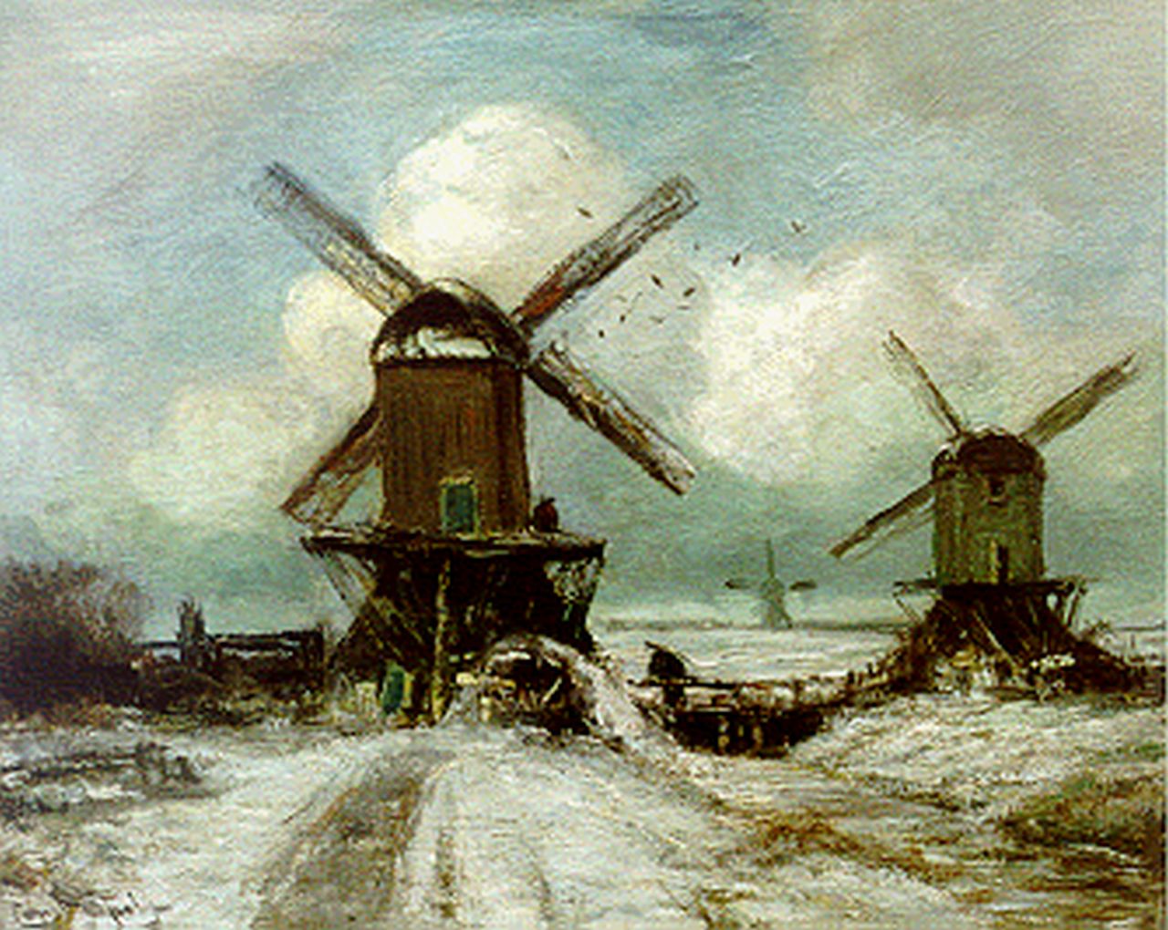 Apol L.F.H.  | Lodewijk Franciscus Hendrik 'Louis' Apol, Windmills in a snow-covered landscape, Öl auf Leinwand 40,2 x 50,7 cm, signed l.l.