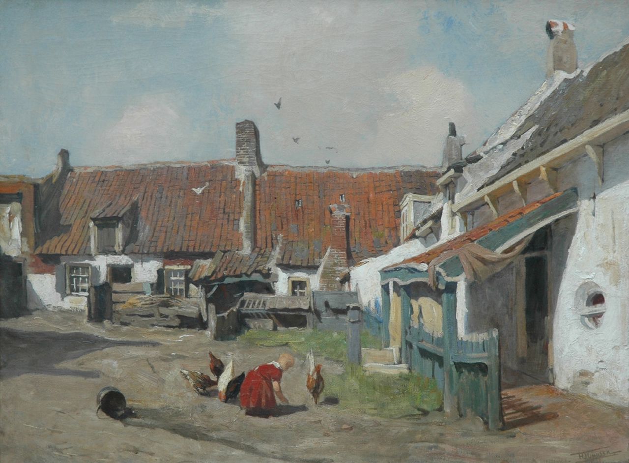 Jansen H.W.  | Hendrik Willebrord Jansen, Feeding the chicken, Katwijk-binnen, Öl auf Leinwand 62,2 x 83,1 cm, signed l.r. + verso