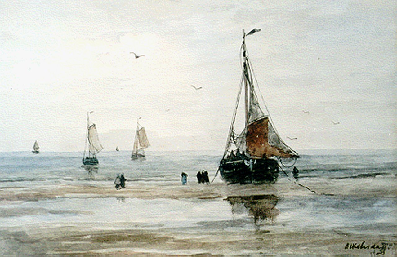 Mesdag H.W.  | Hendrik Willem Mesdag, 'Bomschuiten' on the beach, Aquarell auf Papier 26,7 x 36,8 cm, signed l.r.