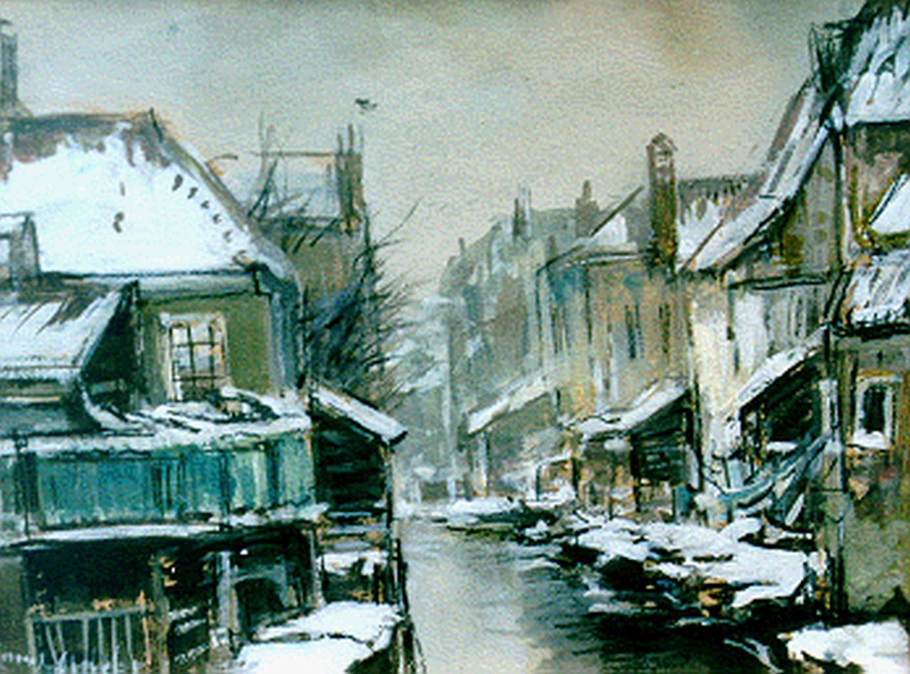 Apol L.F.H.  | Lodewijk Franciscus Hendrik 'Louis' Apol, A snow-covered town, Aquarell und Gouache auf Papier auf Holzfaserplatte 12,3 x 16,1 cm, signed l.l.