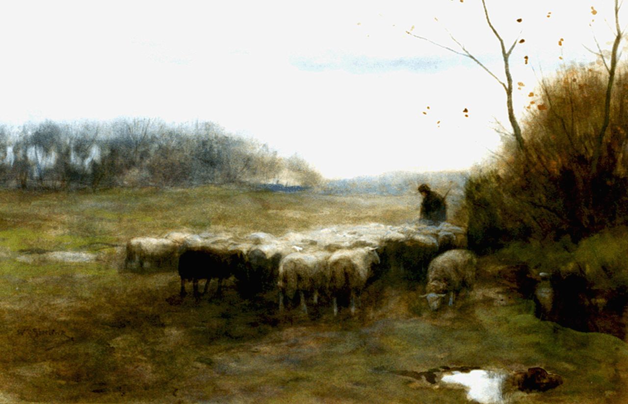 Steelink jr. W.  | Willem Steelink jr., A shepherd and flock, Aquarell auf Papier 28,7 x 44,3 cm, signed l.l. and on the reverse