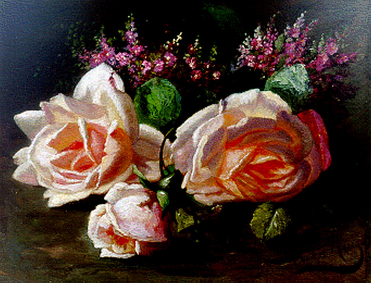 Ruijs D.R.  | Daniël Rudolph Ruijs, A still life with pink roses, Öl auf Holz 18,5 x 24,1 cm, signed l.r.