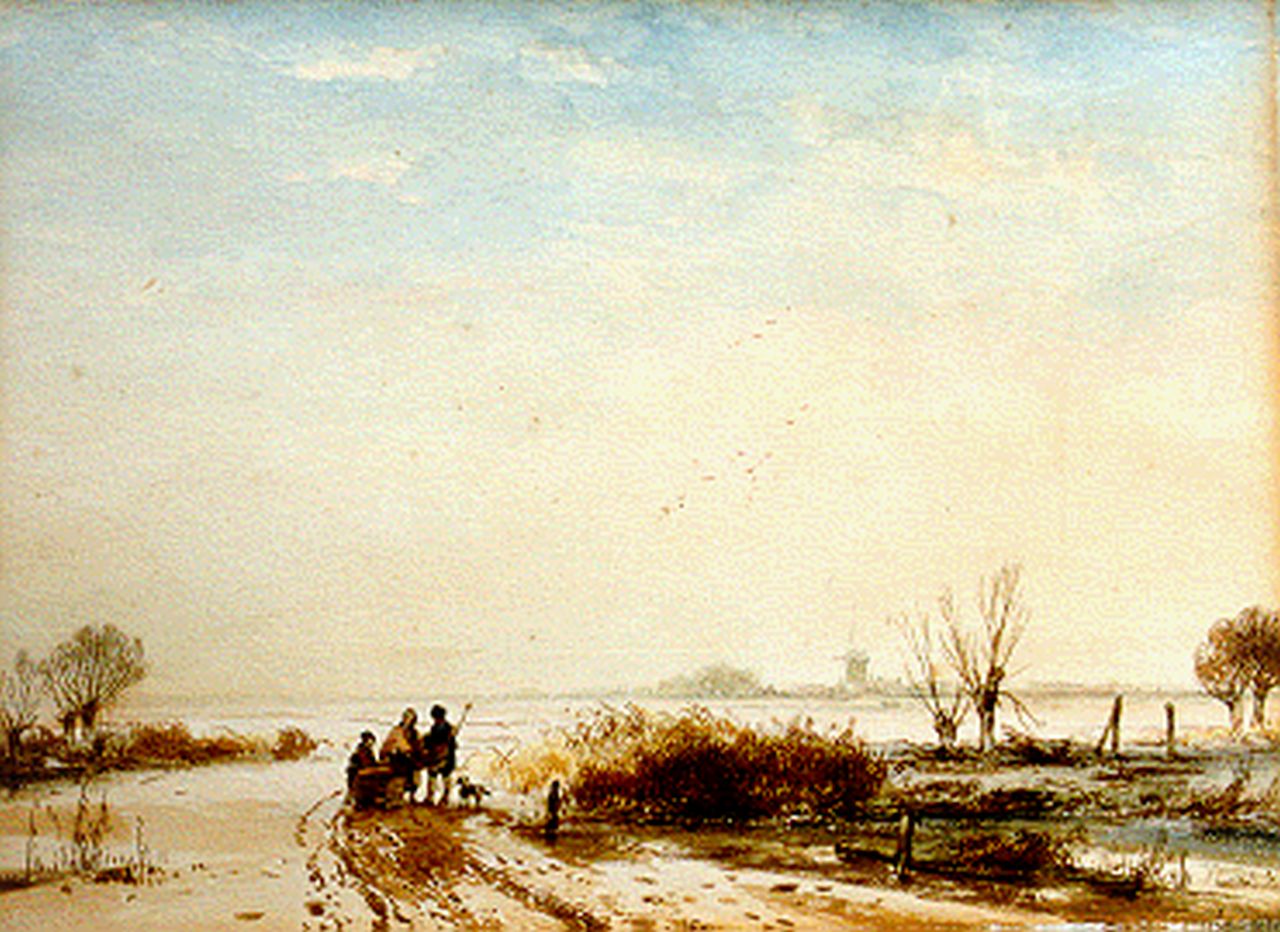 Schelfhout A.  | Andreas Schelfhout, A winter landscape with figures by a sledge, Feder und  Aquarell auf Papier 25,4 x 33,8 cm, signed l.r.