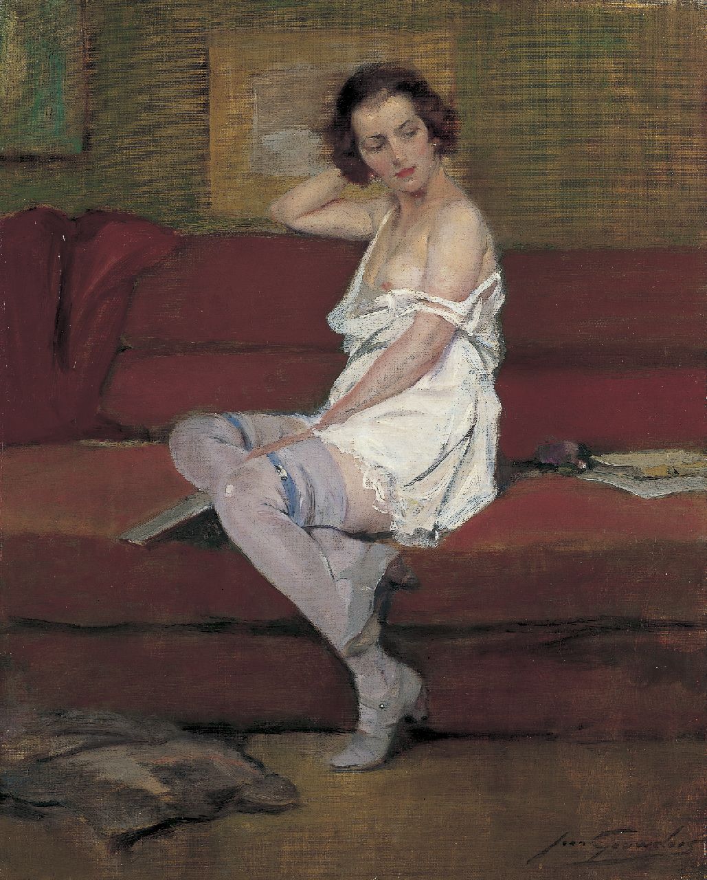 Gouweloos J.L.H.  | 'Jean' Léon Henri Gouweloos, A Lady on a Couch, Öl auf Leinwand 50,0 x 40,1 cm, signed l.r.
