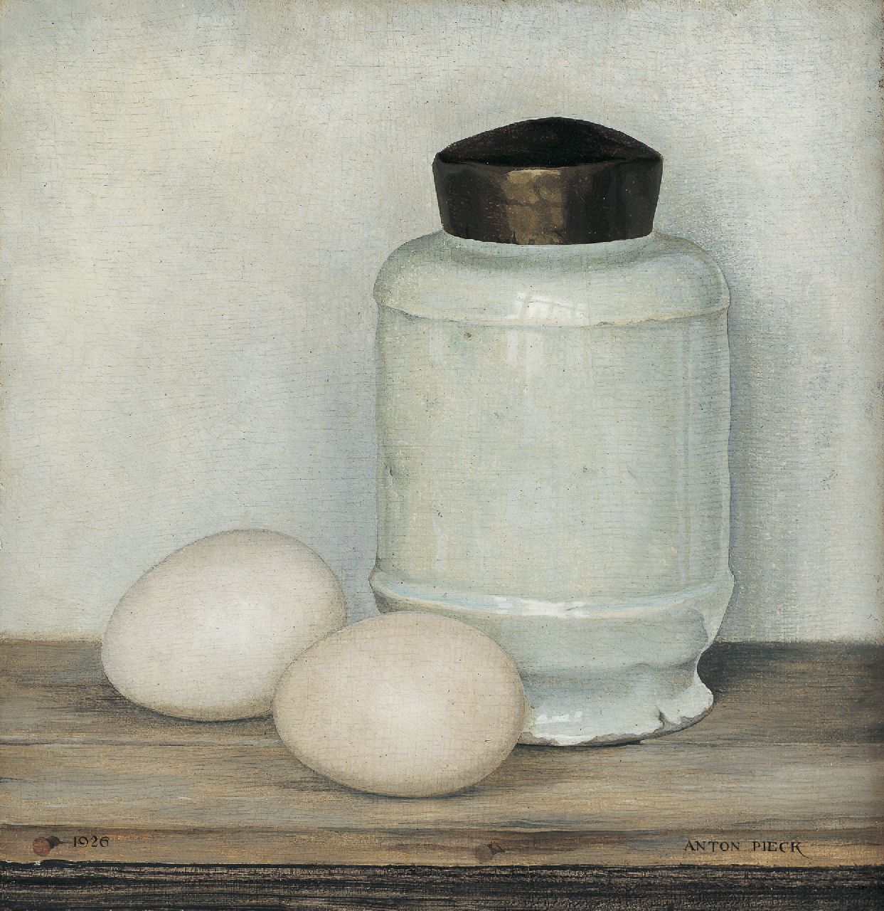 Pieck A.F.  | 'Anton' Franciscus Pieck, A white pot and two eggs, Öl auf Holz 20,5 x 20,0 cm, signed l.r. und dated 1926