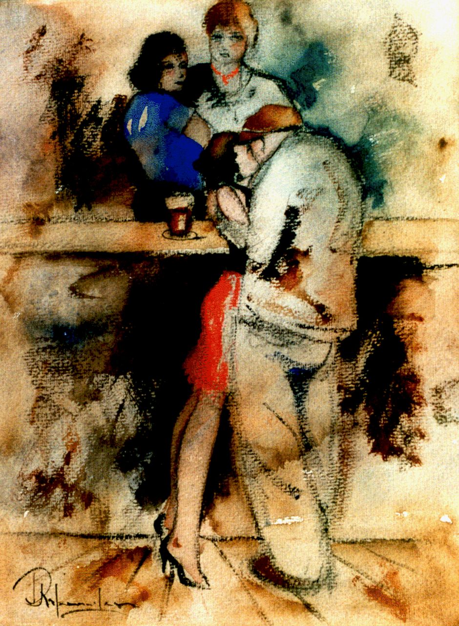 Rijlaarsdam J.  | Jan Rijlaarsdam, A fond embrace at the bar, Schwarze Kreide und Aquarell auf Papier 35,0 x 27,0 cm, signed l.l.