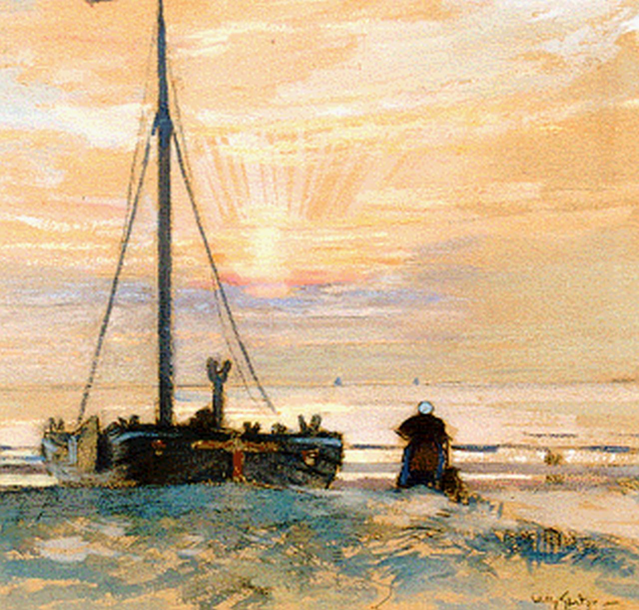 Sluiter J.W.  | Jan Willem 'Willy' Sluiter, A 'bomschuit'on the beach, Schwarze Kreide und Aquarell auf Papier 29,5 x 37,0 cm, signed l.r.
