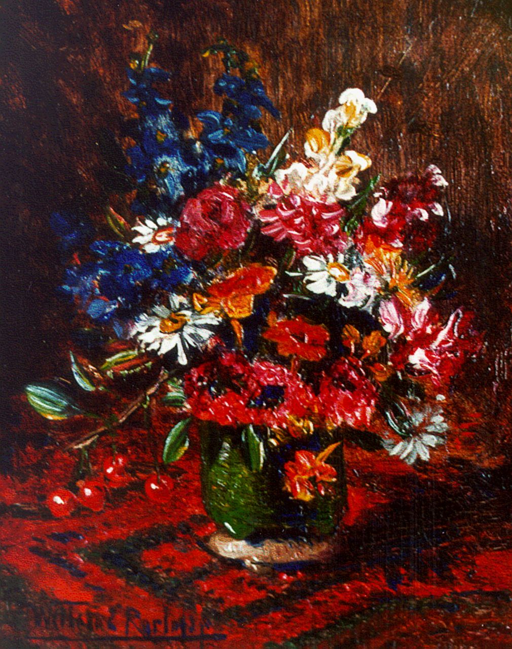 Roelofs jr. W.E.  | Willem Elisa Roelofs jr., A flower still life, Öl auf Holz 10,0 x 8,0 cm, signed l.l. und painted circa 1923