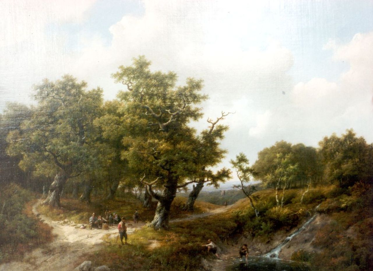 Koekkoek I M.A.  | Marinus Adrianus Koekkoek I, Figures in a wooded landscape, Öl auf Leinwand auf Holz 46,5 x 62,3 cm, signed l.l. und dated 1861