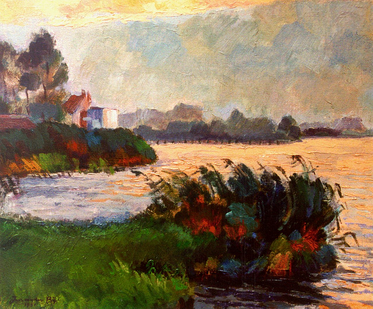 Jan van der Bij | A Frisian landscape, Öl auf Leinwand, 49,8 x 60,3 cm, signed l.l. and on a label on the reverse und dated 1951