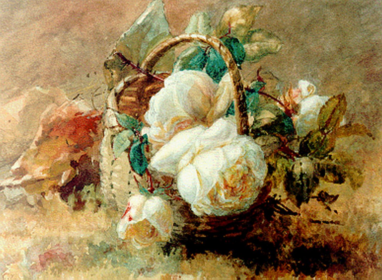 Sande Bakhuyzen G.J. van de | 'Gerardine' Jacoba van de Sande Bakhuyzen, Roses in a basket, Aquarell auf Papier 27,0 x 34,5 cm, signed l.l.