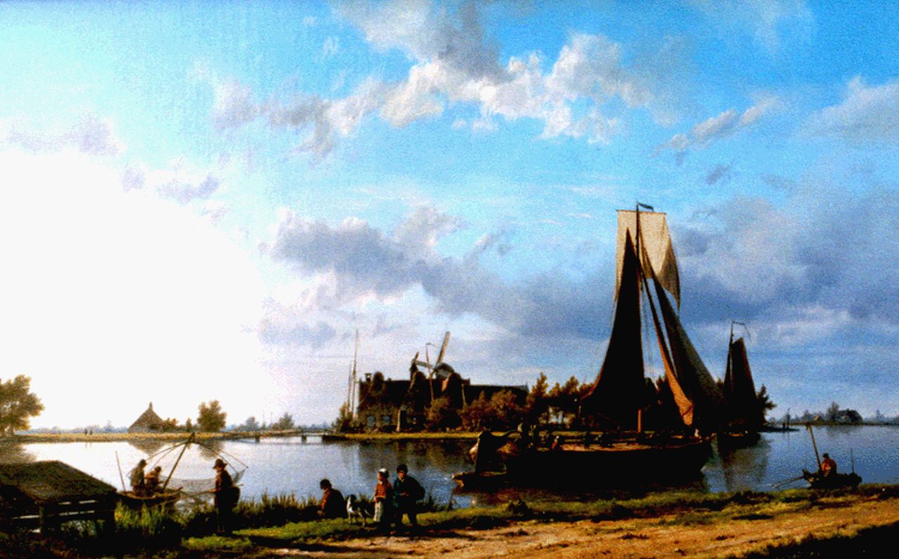 Koekkoek H.  | Hermanus Koekkoek, Rivierlandschap met zeilschepen en vissers, Öl auf Leinwand 36,2 x 57,0 cm, gesigneerd rechtsonder