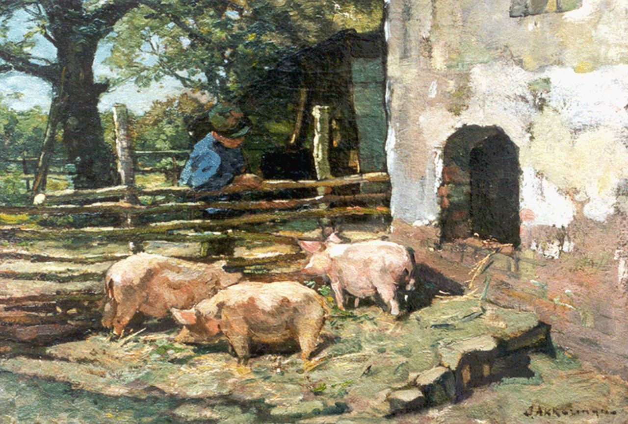 Akkeringa J.E.H.  | 'Johannes Evert' Hendrik Akkeringa, Feeding the pigs, Öl auf Leinwand 32,7 x 47,2 cm, signed l.r.