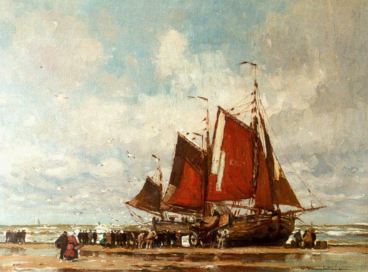 Hambüchen W.  | Wilhelm Hambüchen, 'Bomschuiten' on the beach of Katwijk, Öl auf Leinwand 60,0 x 80,2 cm, signed l.r.