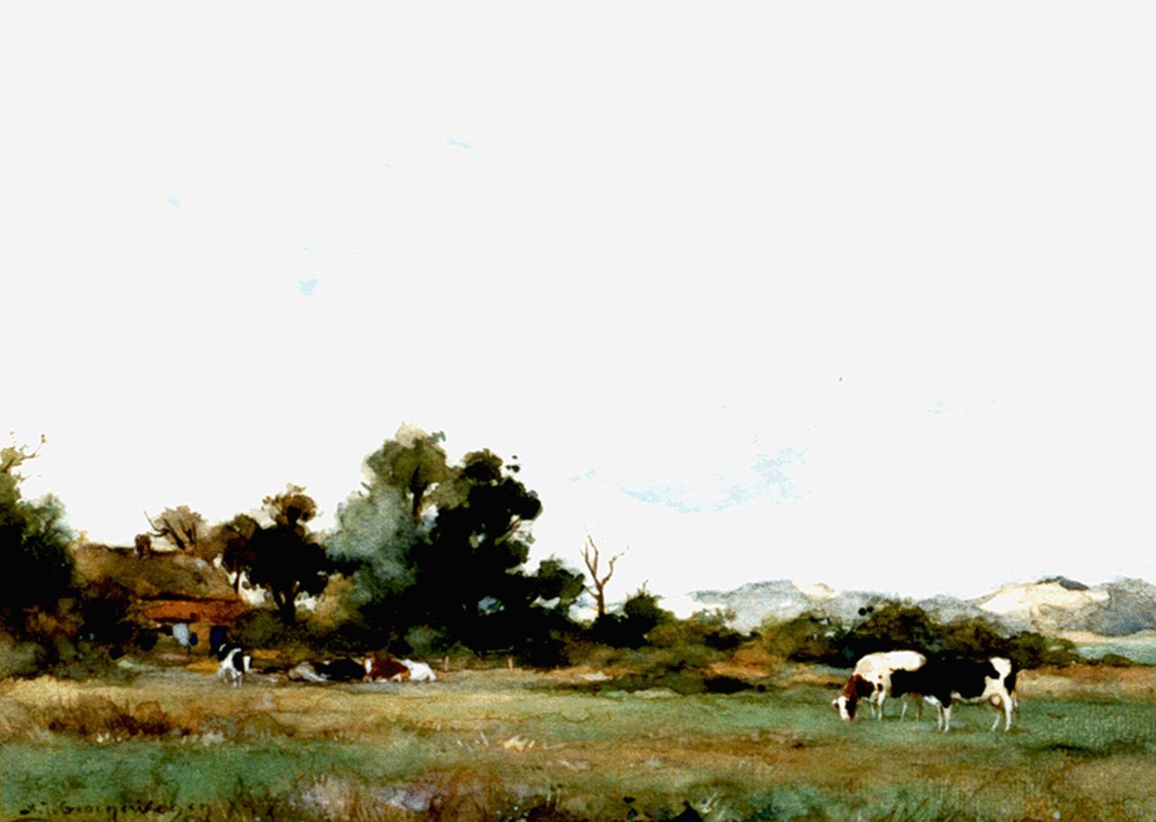 Groenewegen A.J.  | Adrianus Johannes Groenewegen, Cattle grazing, the dunes in the distance, Aquarell und Gouache auf Papier 23,0 x 31,2 cm, signed l.l.