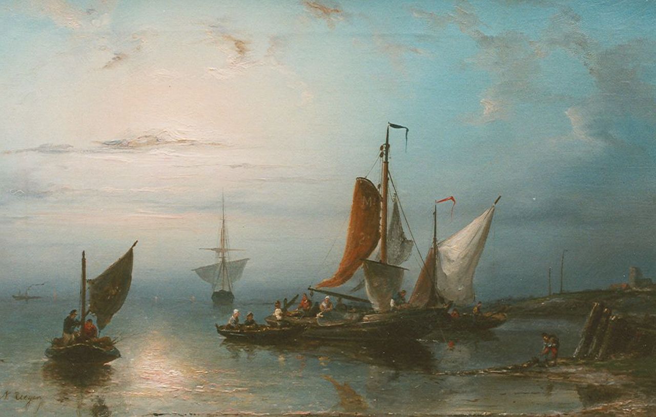 Riegen N.  | Nicolaas Riegen, Shipping in an estuary, Öl auf Leinwand 31,5 x 48,0 cm, signed l.l.