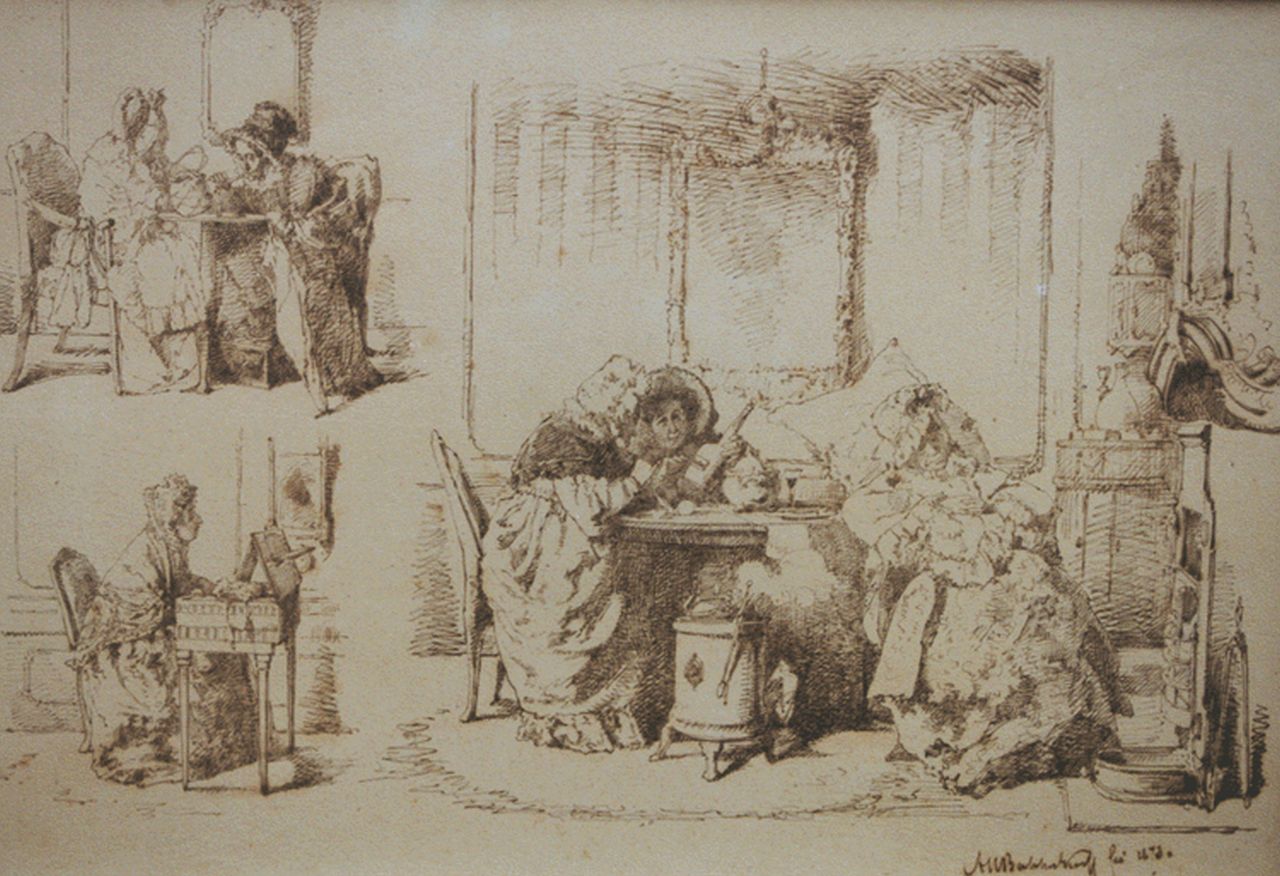 Bakker Korff A.H.  | Alexander Hugo Bakker Korff, Three interior drawings, Feder und Tinte auf Papier 29,1 x 41,2 cm, signed l.r. und datiert 1873