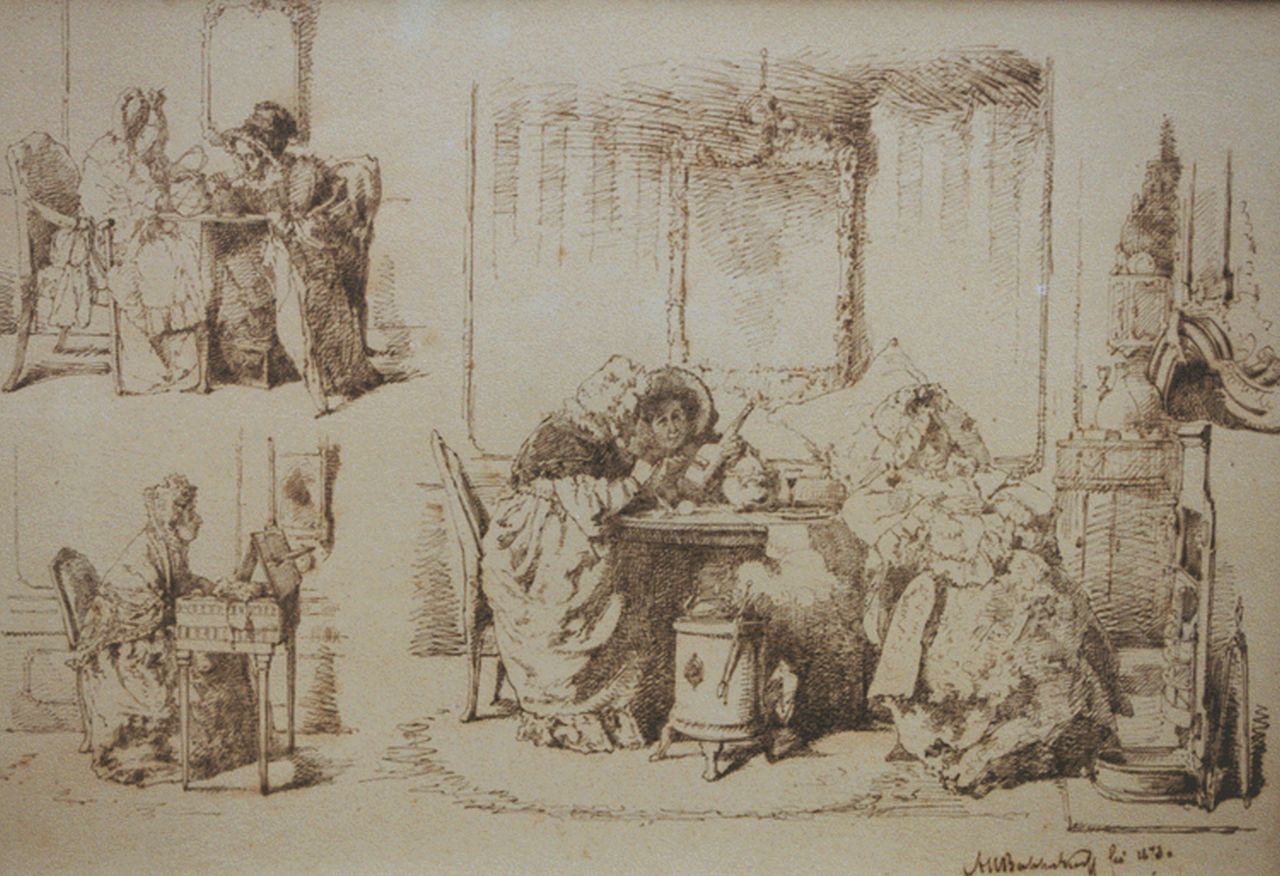 Bakker Korff A.H.  | Alexander Hugo Bakker Korff, Three interior drawings, Feder und Tinte auf Papier 29,1 x 41,2 cm, signed l.r. und datiert 1873