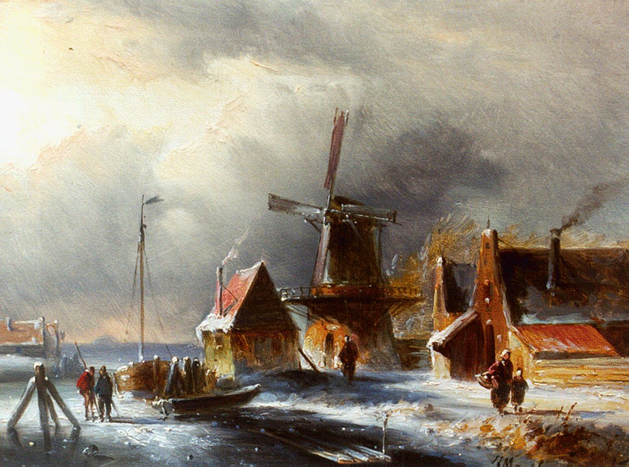 Morel II J.E.  | Jan Evert Morel II, A winter landscape with figures near a windmill, Öl auf Holz 15,9 x 21,5 cm, signed l.r.