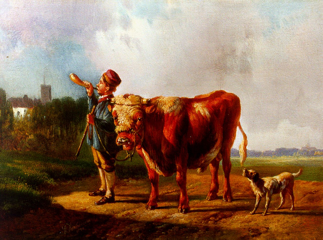 Verhoesen A.  | Albertus Verhoesen, A young shepherd, Öl auf Holz 17,9 x 23,0 cm, signed l.l. und dated 1870