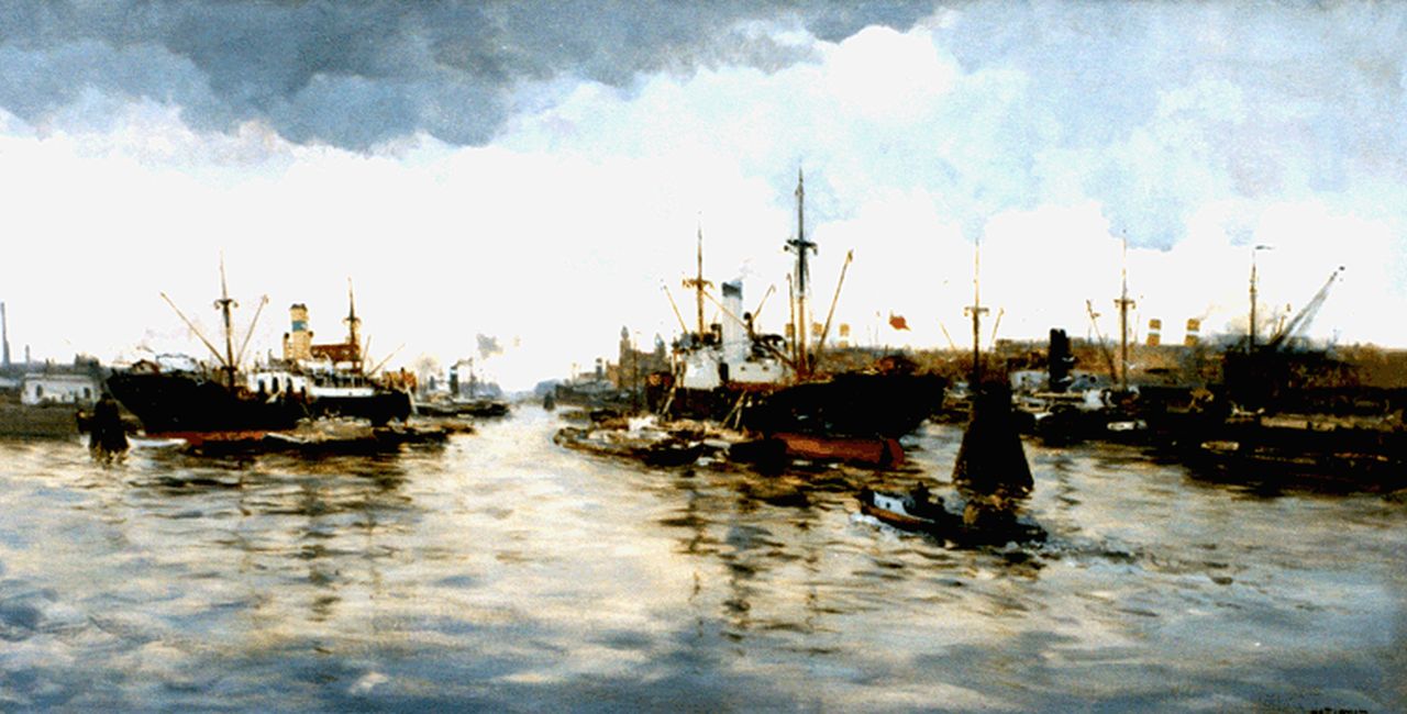 Jansen W.G.F.  | 'Willem' George Frederik Jansen, A view of the harbour of Rotterdam, Öl auf Leinwand 80,0 x 155,5 cm, signed l.r.