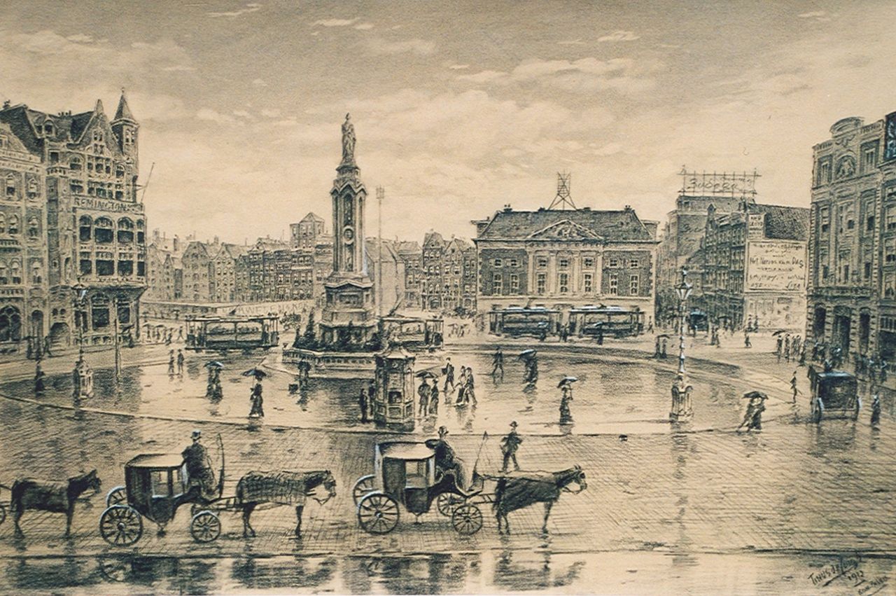 Jongh M.J. de | Martinus Johannes 'Tinus' de Jongh, The Dam square in Amsterdam with the Oude Waag, Schwarze Kreide und Gouache auf Papier 42,0 x 63,0 cm, signed l.r. und dated 1912