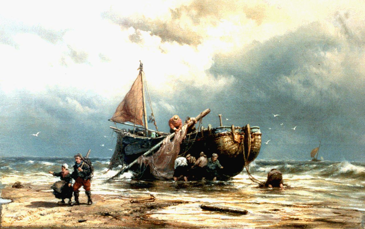 Koekkoek J.H.B.  | Johannes Hermanus Barend 'Jan H.B.' Koekkoek, A 'bomschuit' on the beach, Öl auf Leinwand 33,1 x 51,6 cm, signed l.l. und dated 1875