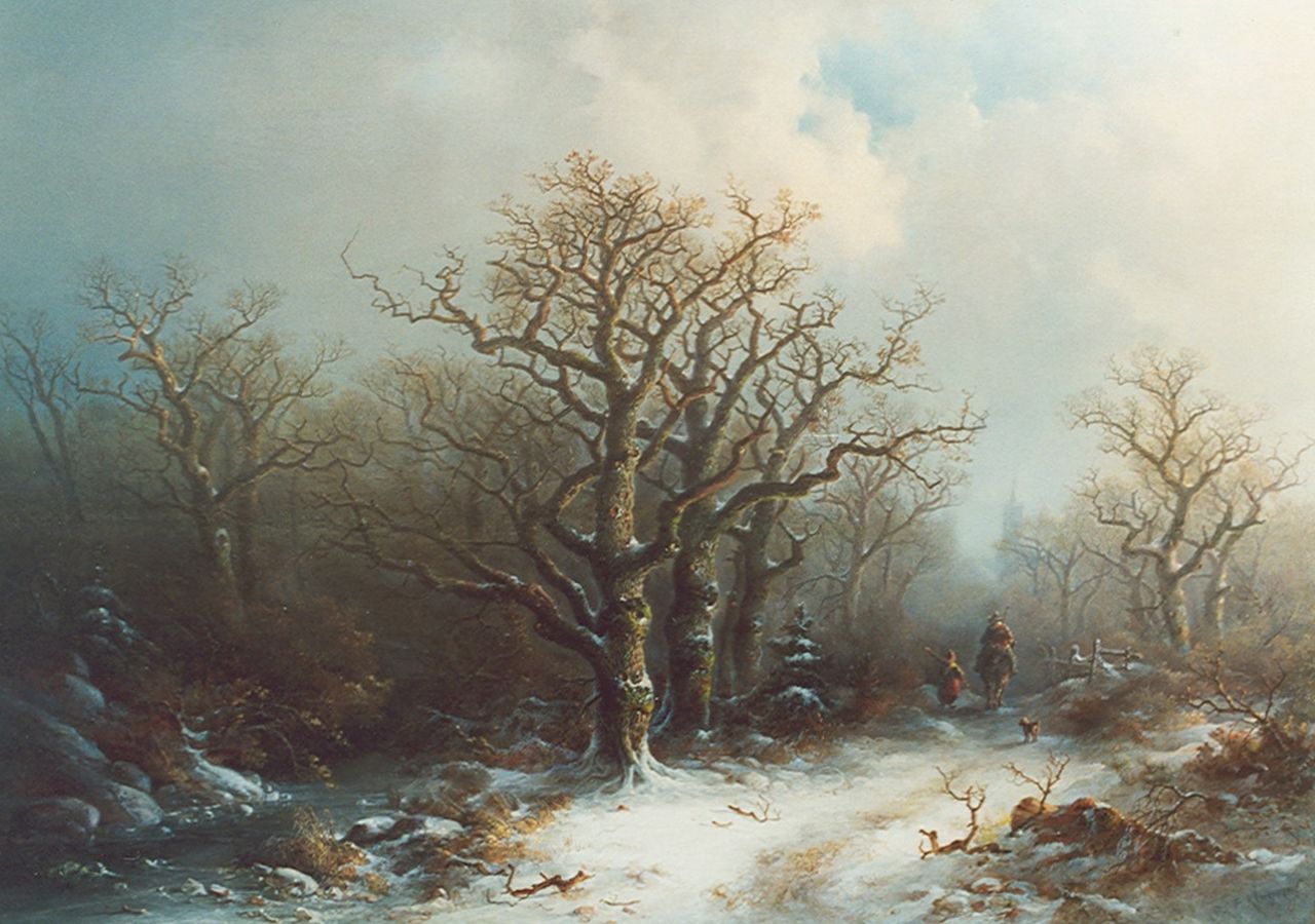 Kluyver P.L.F.  | 'Pieter' Lodewijk Francisco Kluyver, Travelers in a winter landscape, Öl auf Holz 61,2 x 84,4 cm, signed l.r.