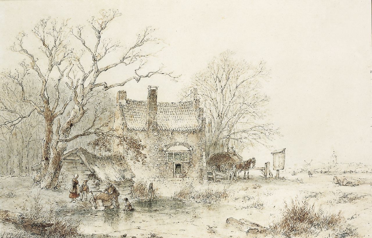 Schelfhout A.  | Andreas Schelfhout, A winter landscape with figures on a frozen waterway, Bleistift und Tinte auf Papier 27,1 x 41,5 cm, signed l.l. und dated '50
