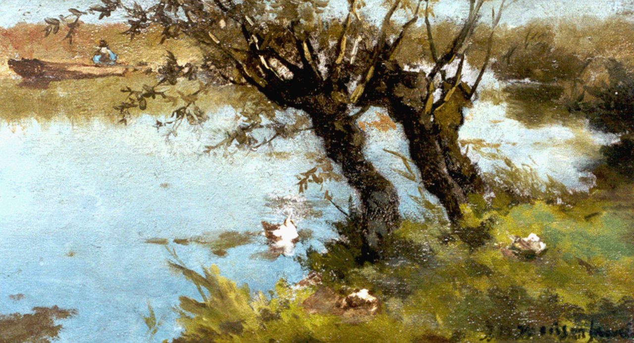 Weissenbruch H.J.  | Hendrik Johannes 'J.H.' Weissenbruch, Ducks on the riverbank, Öl auf Holz 16,6 x 29,0 cm, signed l.r.