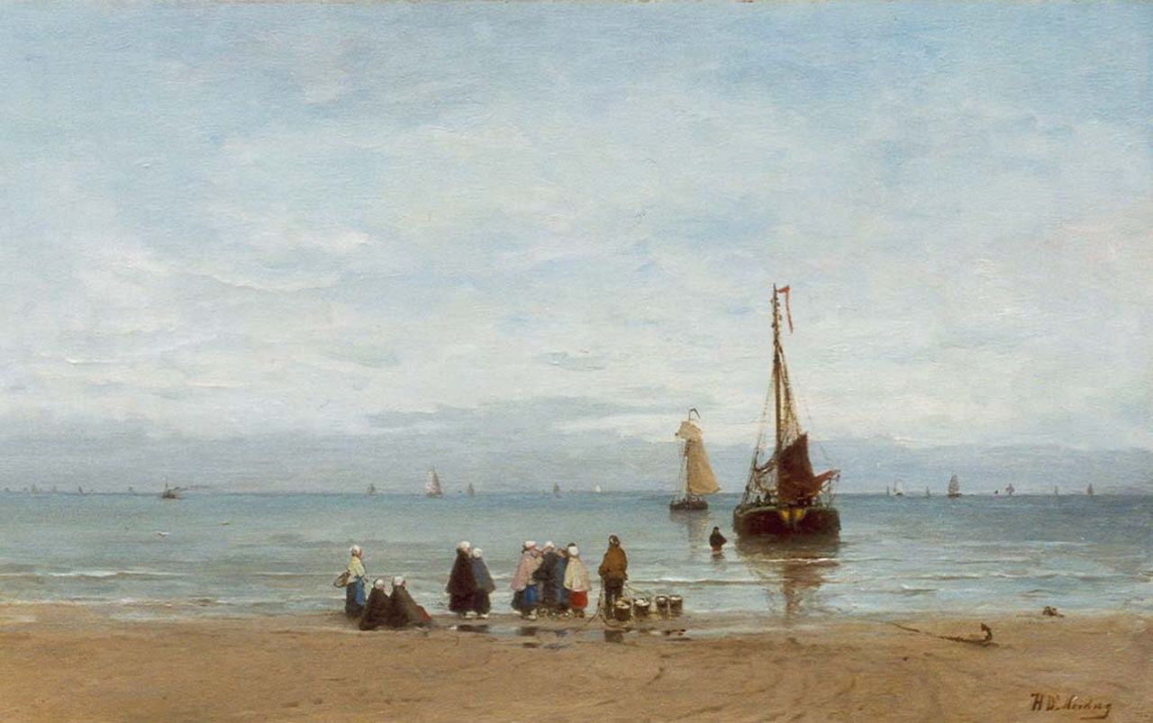 Mesdag H.W.  | Hendrik Willem Mesdag, Beach view of fishermen's wives awaiting the catch, Öl auf Leinwand 48,1 x 78,1 cm, signed l.r.