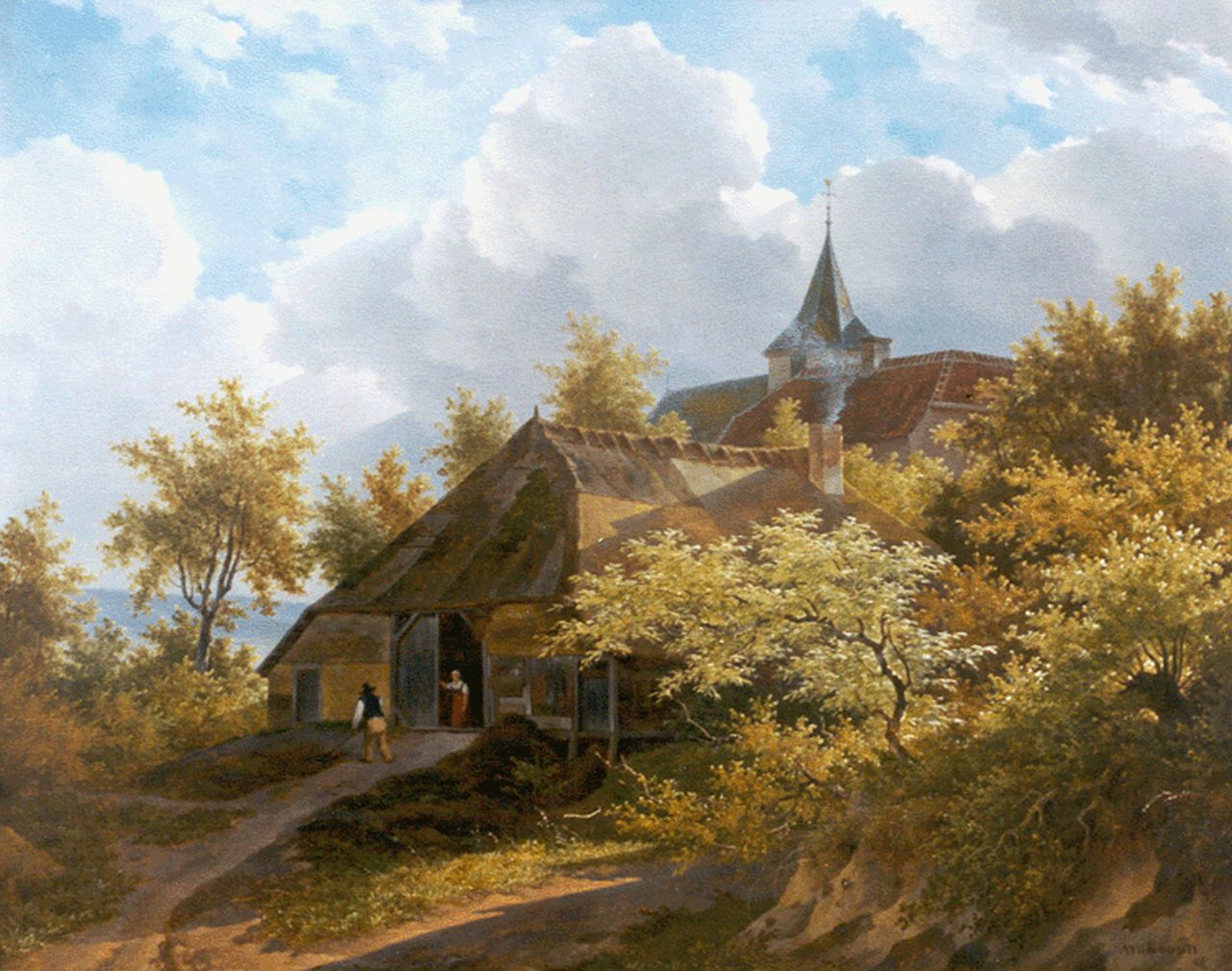 Koogh A. van der | Adrianus van der Koogh, A farmhouse in a wooded landscape, Öl auf Holz 43,0 x 53,0 cm, signed l.r.
